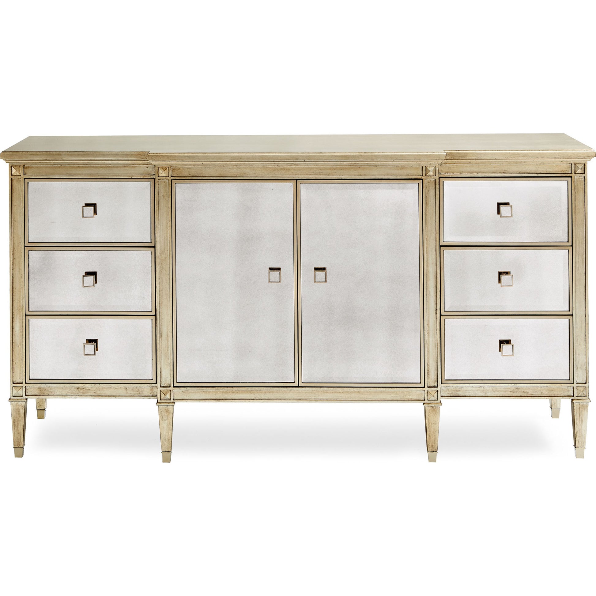La-Dee-Dah-Dresser by Caracole in mirrored, silver and auric, gold bullion paint. Made from birch, maple, pine in a traditional style.