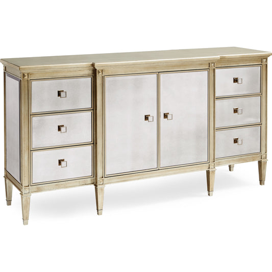 La-Dee-Dah-Dresser by Caracole in mirrored, silver and auric, gold bullion paint. Made from birch, maple, pine in a traditional style.