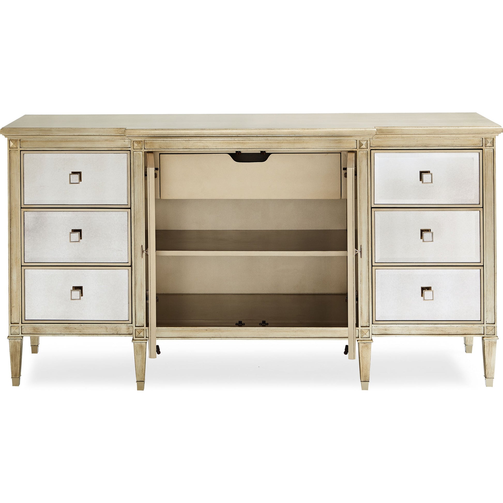 La-Dee-Dah-Dresser by Caracole in mirrored, silver and auric, gold bullion paint. Made from birch, maple, pine in a traditional style.