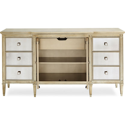 La-Dee-Dah-Dresser by Caracole in mirrored, silver and auric, gold bullion paint. Made from birch, maple, pine in a traditional style.