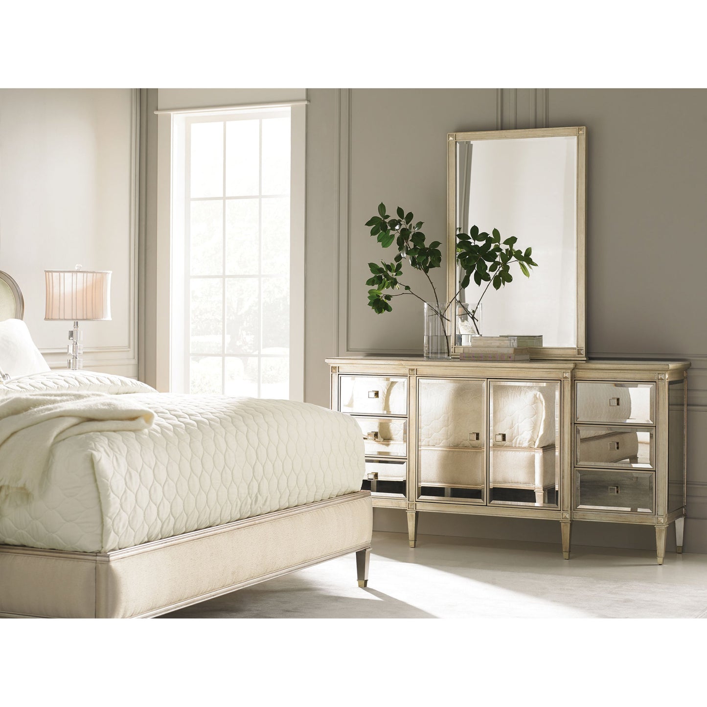 004 SR-768848 | Lifestyle | La-Dee-Dah-Dresser by Caracole in mirrored, silver and auric, gold bullion paint. Made from birch, maple, pine in a traditional style.
