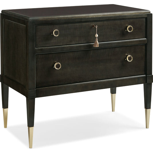 Good Evening Nightstand by Caracole in charcoal, gold and charcoal anegre, whisper of gold, seal skin. Made from birch, figured anegre in a transitional style.