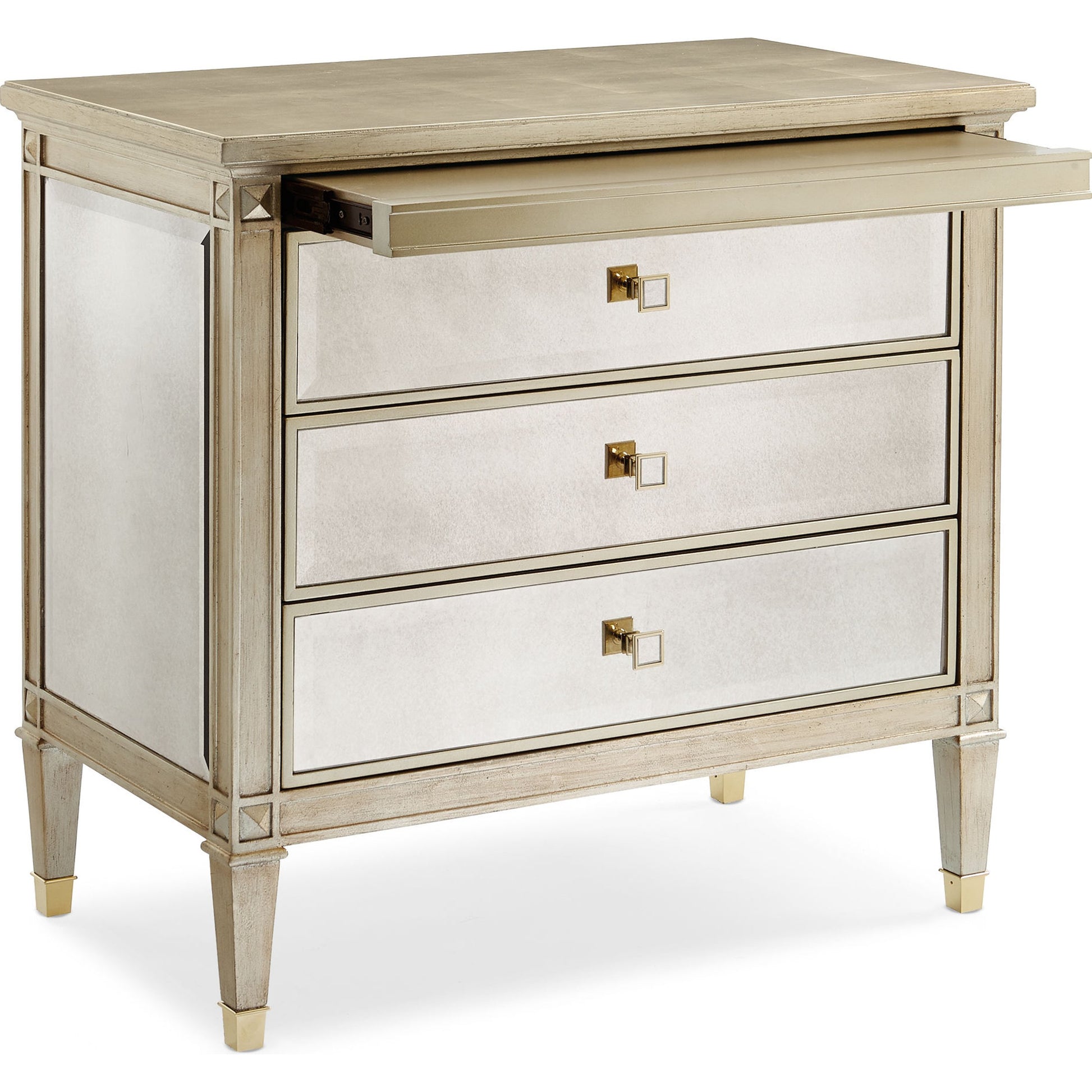 A Classic Beauty Chest by Caracole in silver and auric, gold bullion paint. Made from birch, maple, pine in a traditional style.