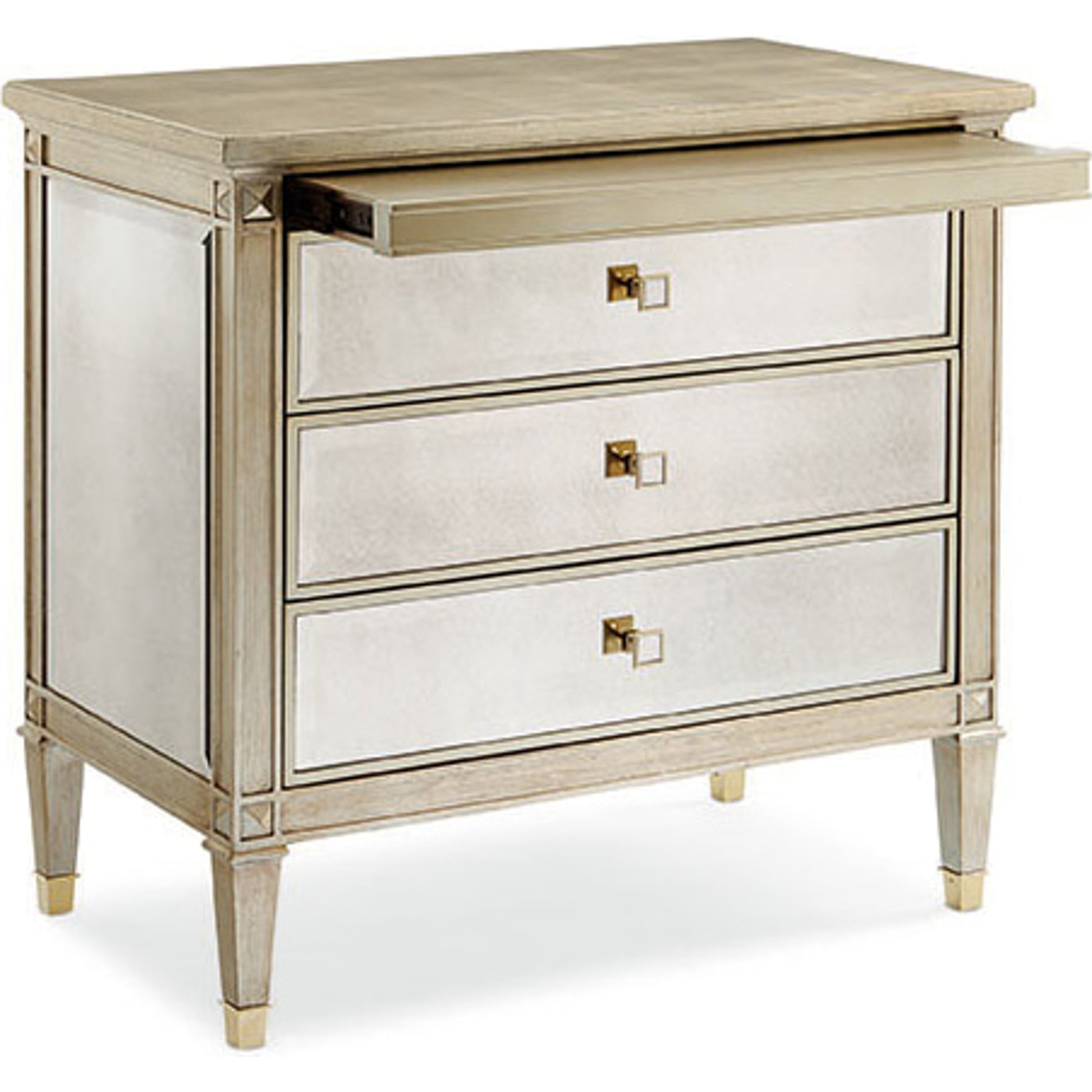 A Classic Beauty Chest by Caracole in silver and auric, gold bullion paint. Made from birch, maple, pine in a traditional style.