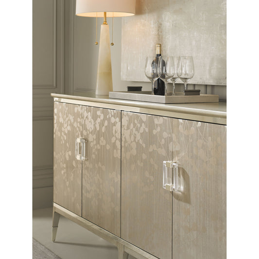 Turn a New Leaf Buffet by Caracole in gray and champagne shimmer, taupe paint, whisper of gold. Made from birch, dyed koto, maple in a transitional style.