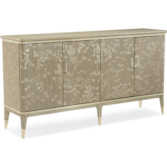 Turn a New Leaf Buffet by Caracole in gray and champagne shimmer, taupe paint, whisper of gold. Made from birch, dyed koto, maple in a transitional style.