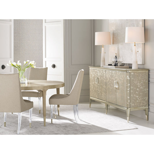 Turn a New Leaf Buffet by Caracole in gray and champagne shimmer, taupe paint, whisper of gold. Made from birch, dyed koto, maple in a transitional style.