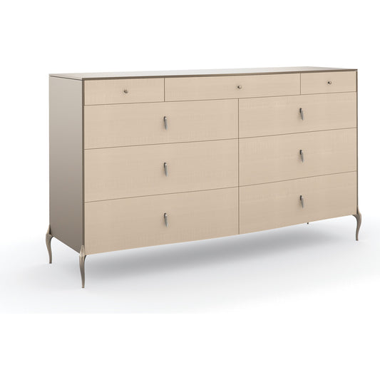 Dress To Impress Dresser by Caracole in silver, cream and soft silver, vanilla cream. Made from asian hardwood, metal, figured sycamore in a transitional style.