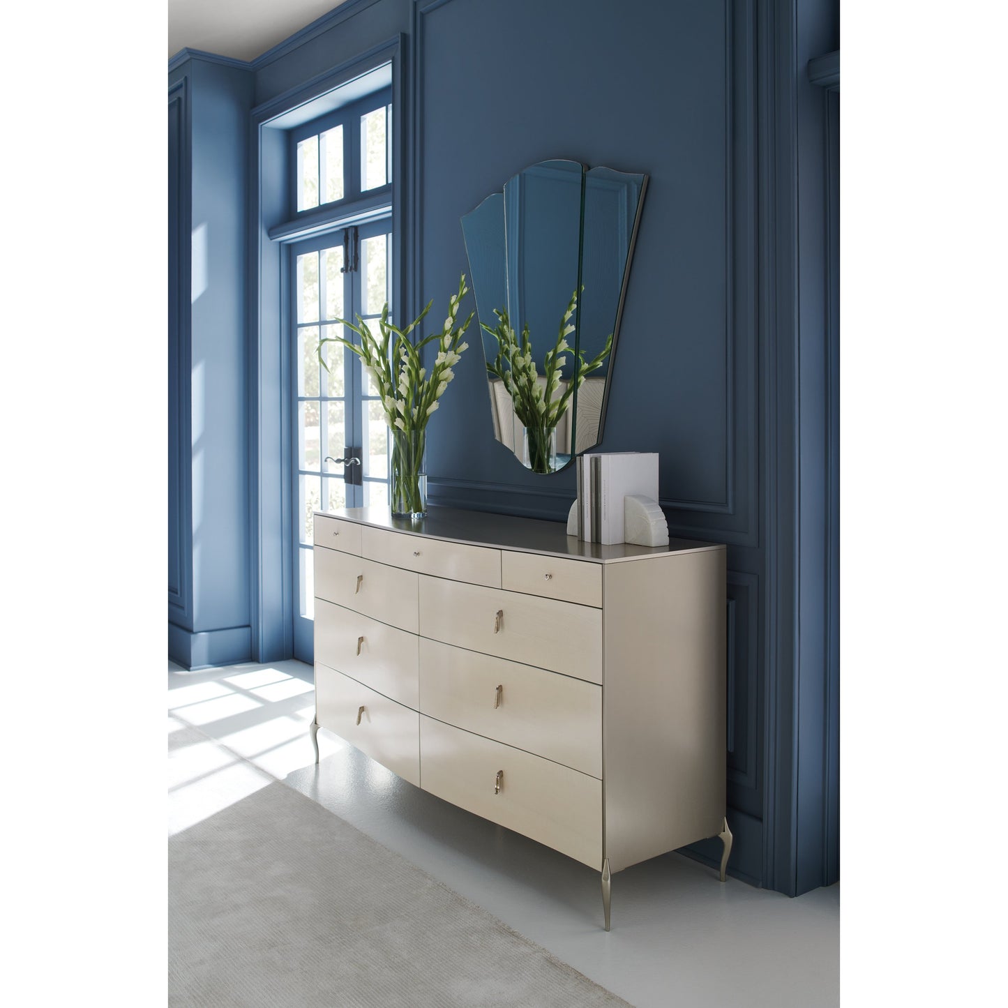 004 SI-1756641 | Lifestyle | Dress To Impress Dresser by Caracole in silver, cream and soft silver, vanilla cream. Made from asian hardwood, metal, figured sycamore in a transitional style.