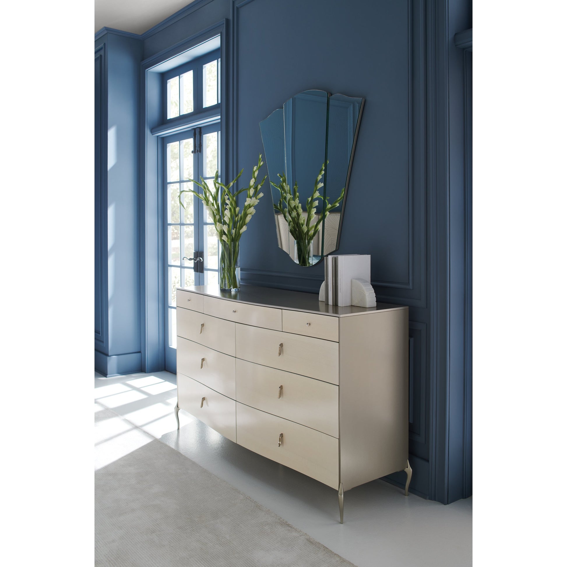 Dress To Impress Dresser by Caracole in silver, cream and soft silver, vanilla cream. Made from asian hardwood, metal, figured sycamore in a transitional style.