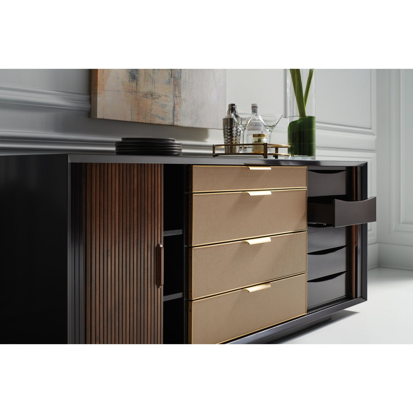 005 SI-1756621 | Lifestyle | Around The Corner Dresser by Caracole in dark chocolate, champagne gold. Made from birch, maple, walnut in a modern style.