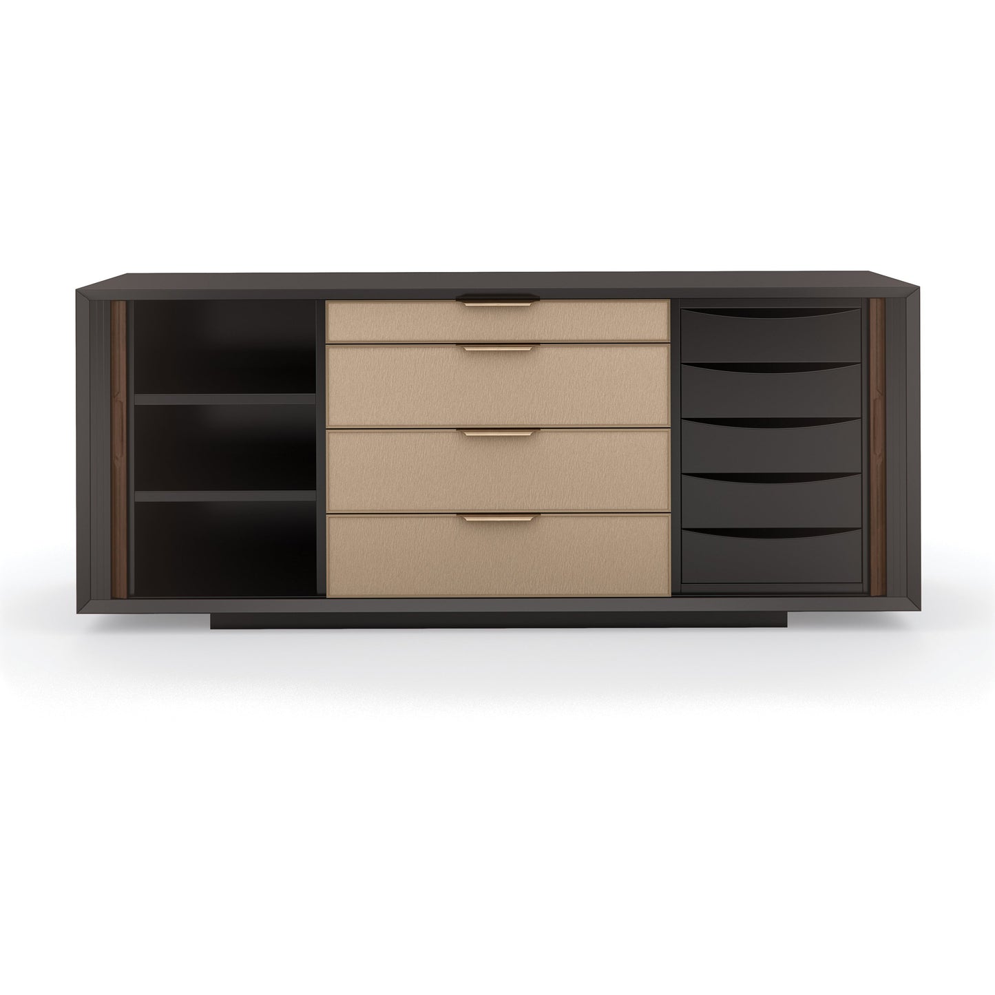 004 SI-1756621 | Additional Silo | Around The Corner Dresser by Caracole in dark chocolate, champagne gold. Made from birch, maple, walnut in a modern style.