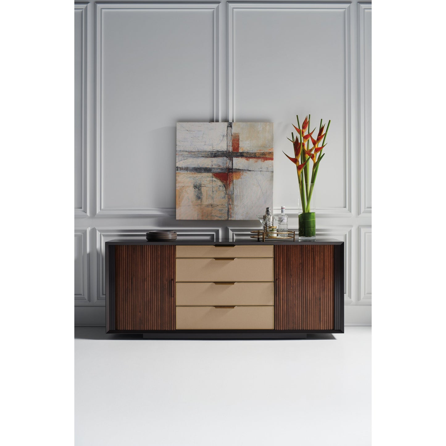 002 SI-1756621 | Lifestyle | Around The Corner Dresser by Caracole in dark chocolate, champagne gold. Made from birch, maple, walnut in a modern style.