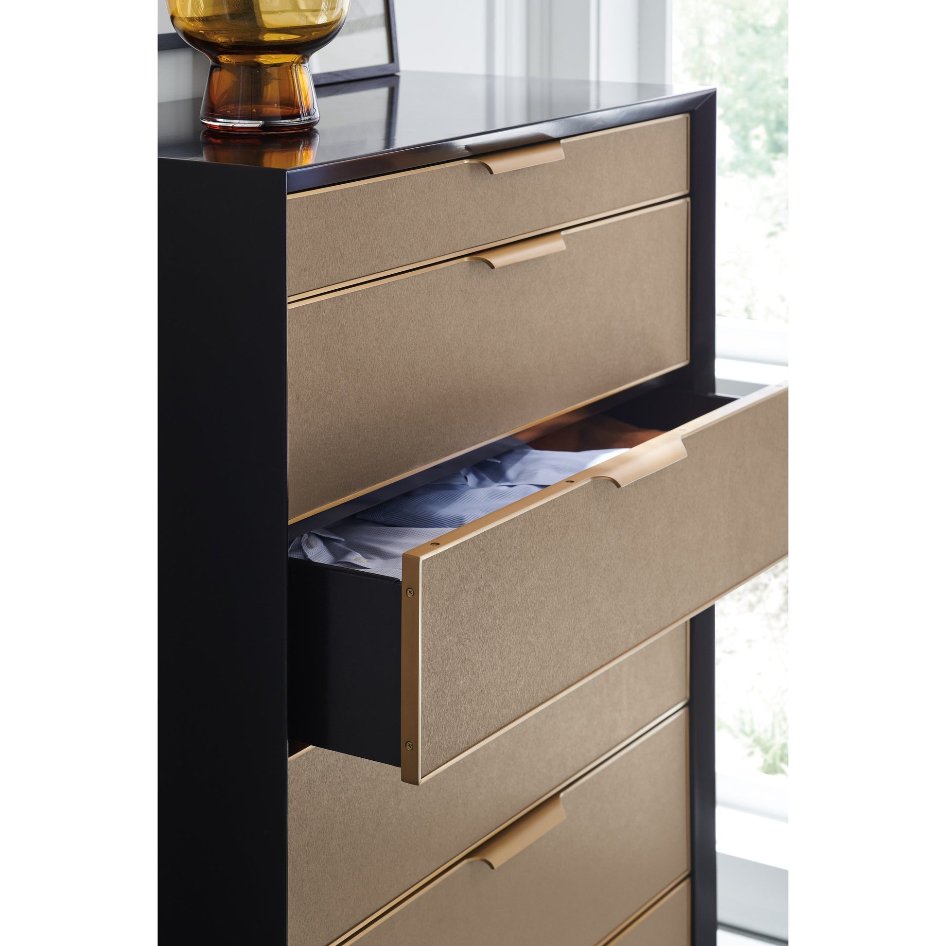 Wrap It up Chest by Caracole in champagne gold and dark chocolate, champagne gold. Made from birch, maple in a modern style.