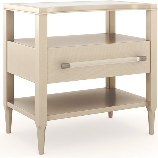 Clearly Open Nightstand by Caracole in champagne, pearl, acrylic, nickel and champagne pearl. Made from birch, quarter ash, amapa in a transitional style.