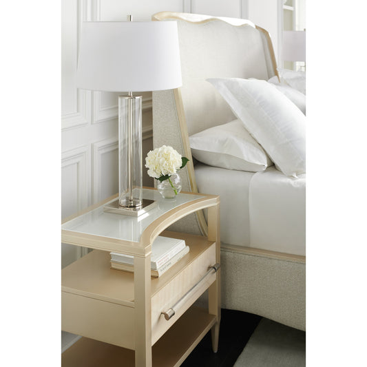 Clearly Open Nightstand by Caracole in champagne, pearl, acrylic, nickel and champagne pearl. Made from birch, quarter ash, amapa in a transitional style.