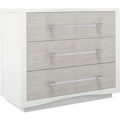 A Clear Touch Nightstand by Caracole in silver, acrylic, nickel and sun kissed silver, satin nickel. Made from ash, raffia in a modern style.
