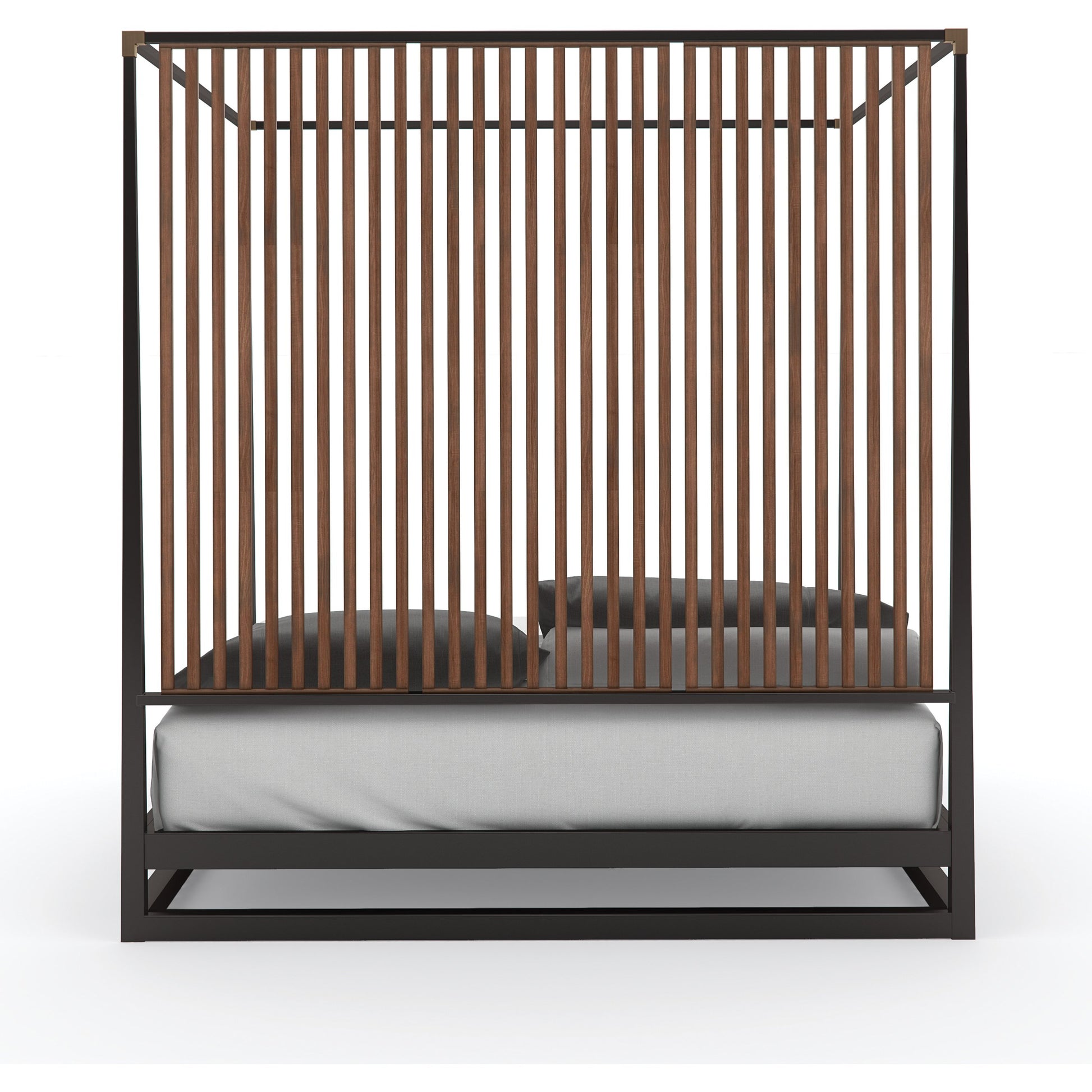 Pinstripe Canopy Bed by Caracole in walnut, dark chocolate, champagne gold and rich walnut, dark chocolate. Made from birch, walnut in a modern style.