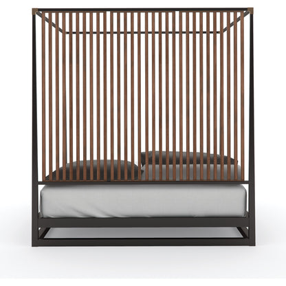 Pinstripe Canopy Bed by Caracole in walnut, dark chocolate, champagne gold and rich walnut, dark chocolate. Made from birch, walnut in a modern style.