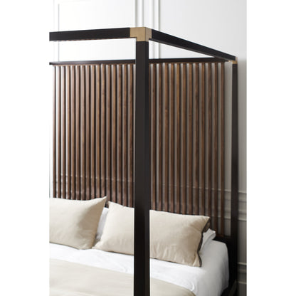 Pinstripe Canopy Bed by Caracole in walnut, dark chocolate, champagne gold and rich walnut, dark chocolate. Made from birch, walnut in a modern style.