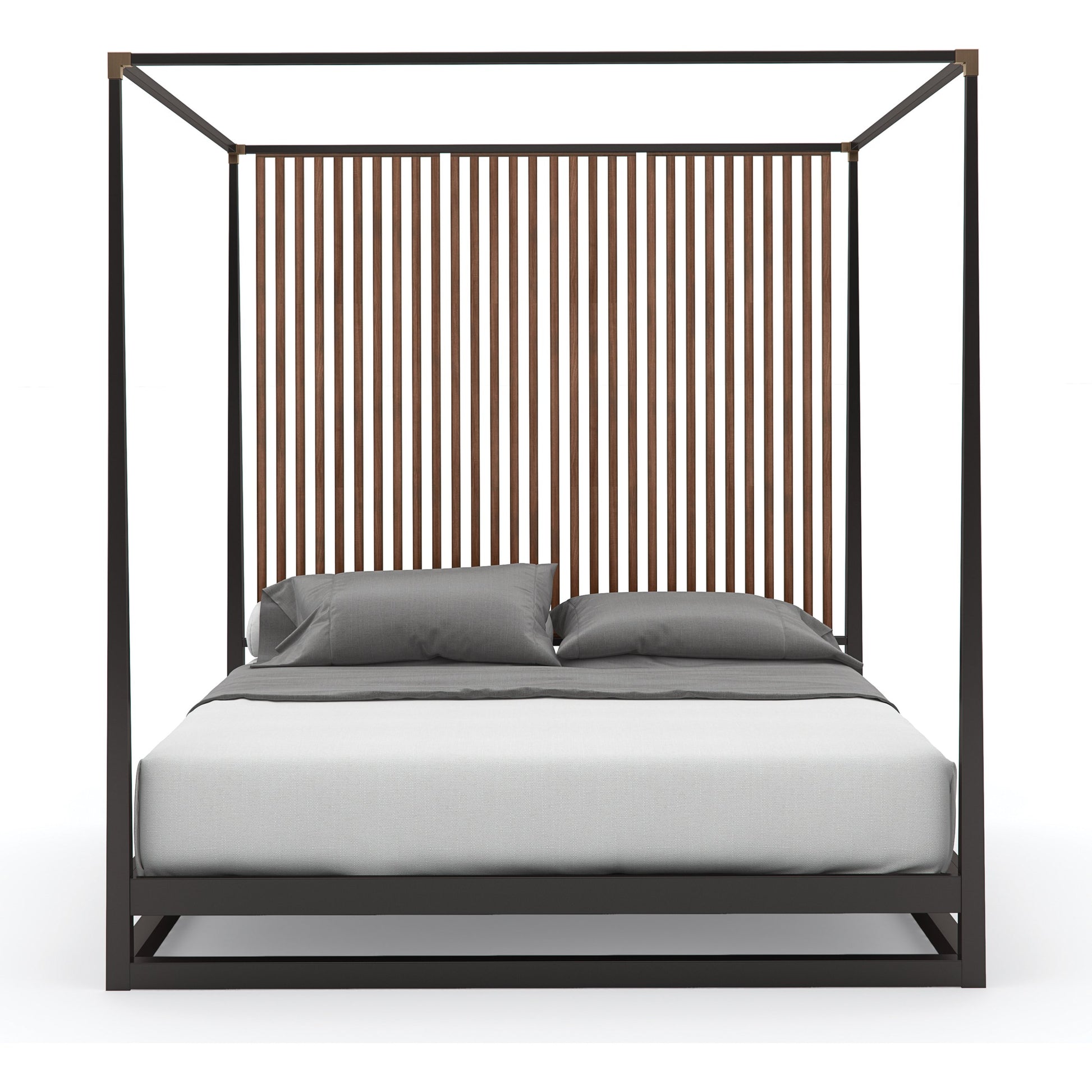 Pinstripe Canopy Bed by Caracole in walnut, dark chocolate, champagne gold and rich walnut, dark chocolate. Made from birch, walnut in a modern style.