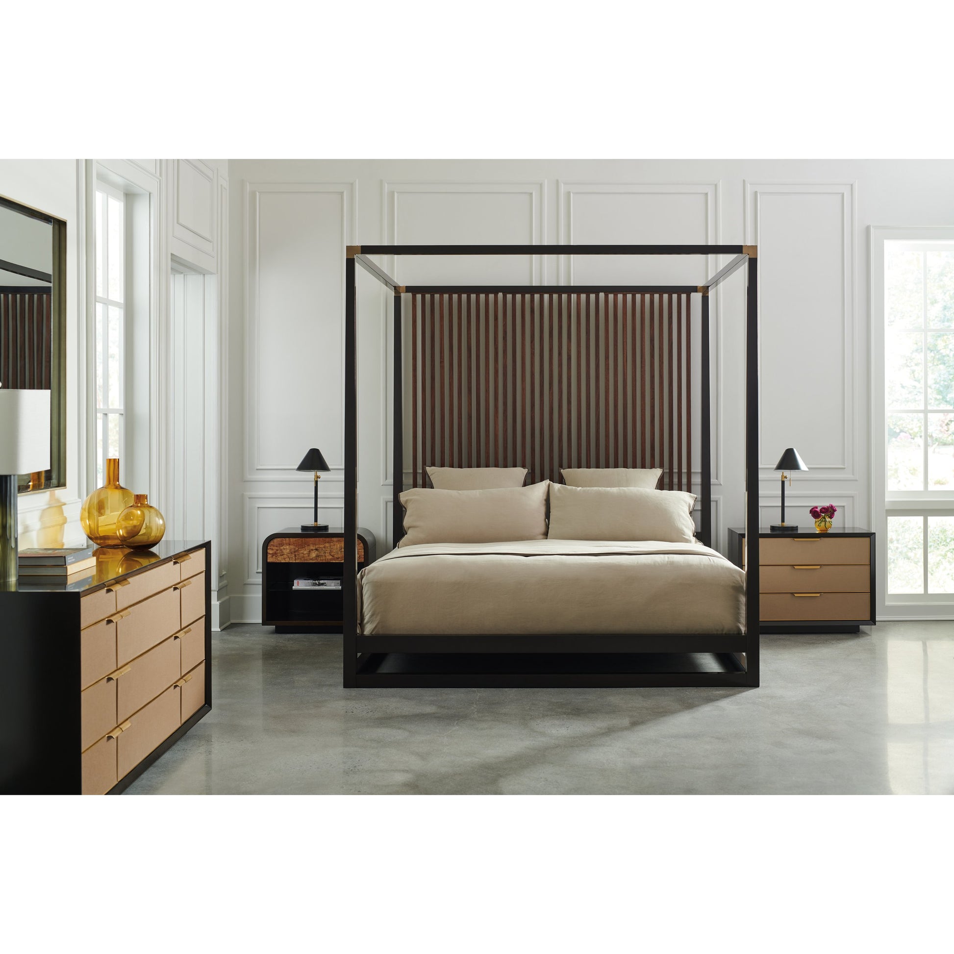 Pinstripe Canopy Bed by Caracole in walnut, dark chocolate, champagne gold and rich walnut, dark chocolate. Made from birch, walnut in a modern style.