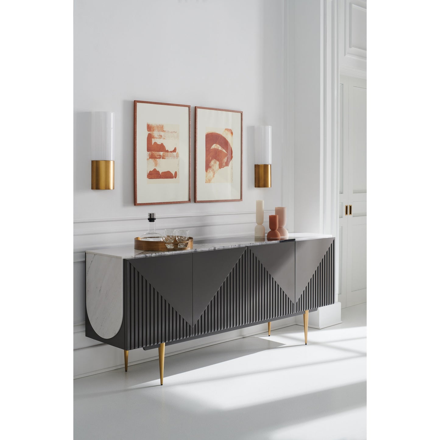 002 SI-1756669 | Lifestyle | Over The Edge Buffet by Caracole in marble, champagne gold and warm slate. Made from birch, maple in a modern style.
