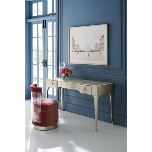 Kiss N Makeup Vanity by Caracole in mirrored and soft silver, vanilla cream. Made from asian hardwood, metal, figured sycamore in a transitional style.