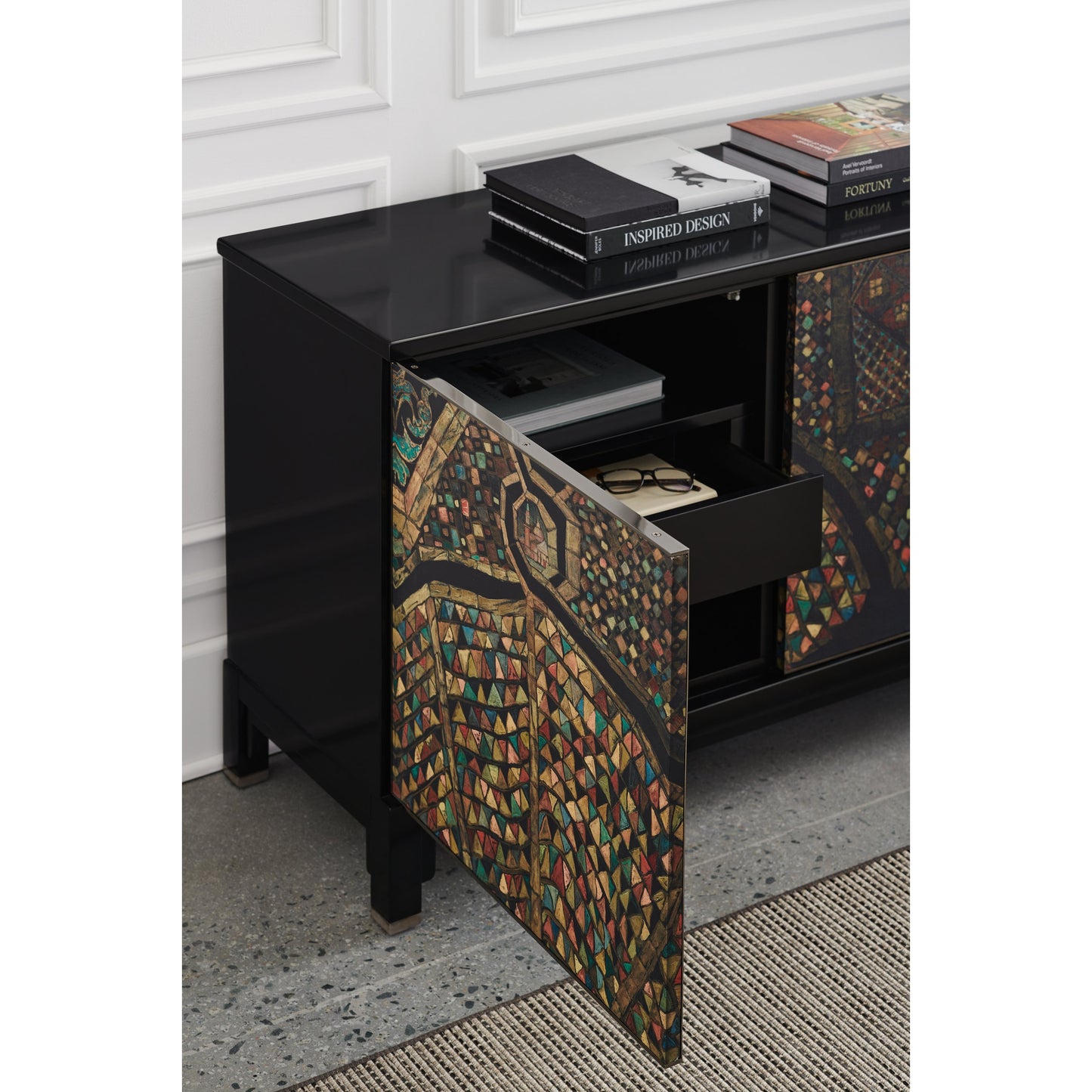 006 SI-1756660 | Lifestyle | Mosaic Sideboard by Caracole in ebony and satin ebony, deep bronze. Made from birch, maple in a eclectic & global style.