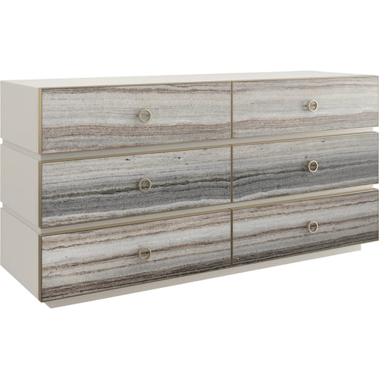 Bedrock Dresser by Caracole in almond milk, champagne gold. Made from poplar, stone in a modern style.