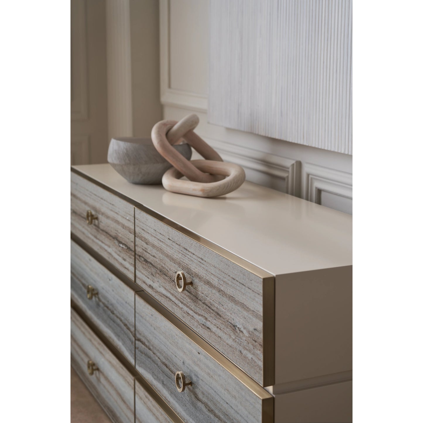 005 SI-2095906 | Lifestyle | Bedrock Dresser by Caracole in almond milk, champagne gold. Made from poplar, stone in a modern style.