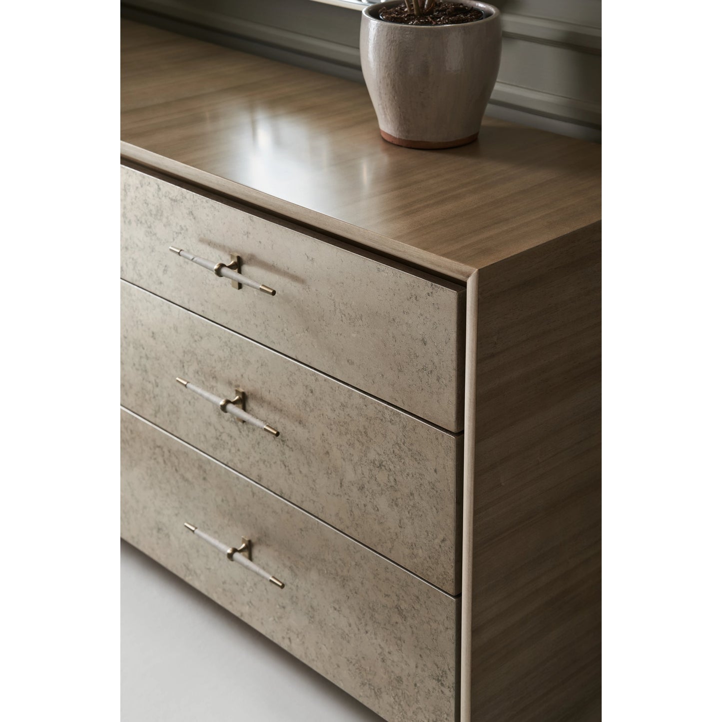 006 SI-2095907 | Lifestyle | Hang Up Dresser by Caracole in dry martini, winter frost, brushed gold. Made from asian hardwood, koto in a modern style.