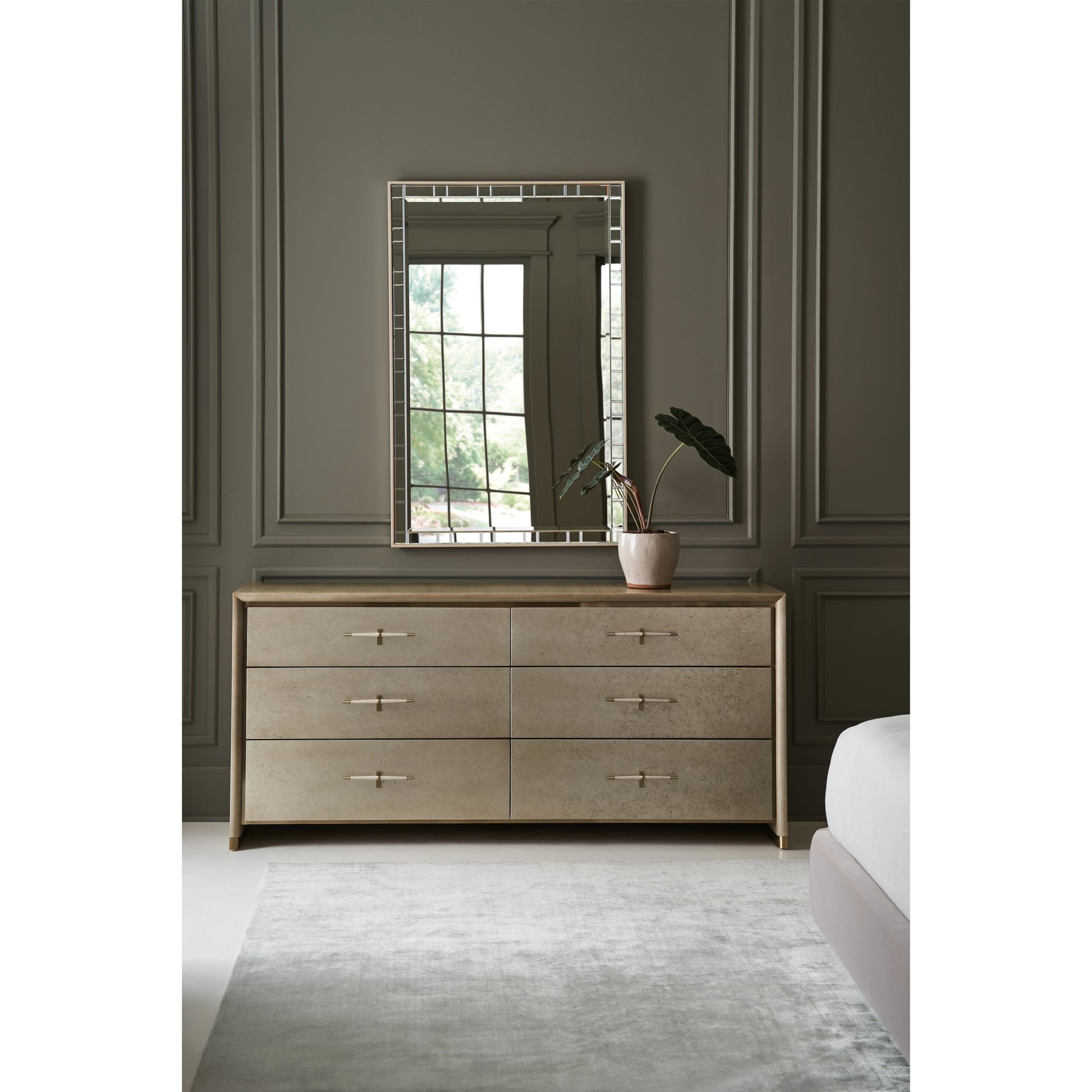 Hang Up Dresser by Caracole in dry martini, winter frost, brushed gold. Made from asian hardwood, koto in a modern style.