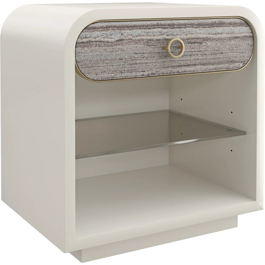 Quarry Nightstand by Caracole in almond milk. Made from poplar, stone in a modern style.