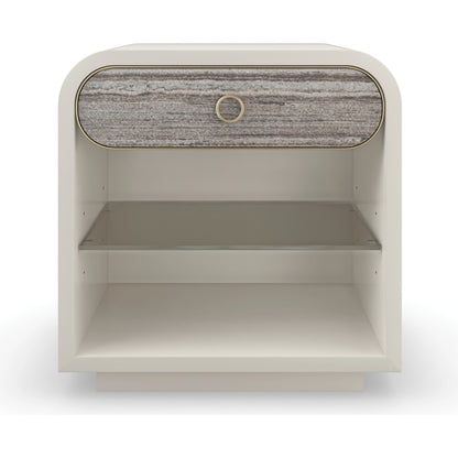 Quarry Nightstand by Caracole in almond milk. Made from poplar, stone in a modern style.