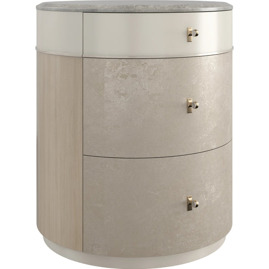 Hang Around Nightstand by Caracole in cloud, dry martini, winter frost. Made from birch, stone, koto in a modern style.