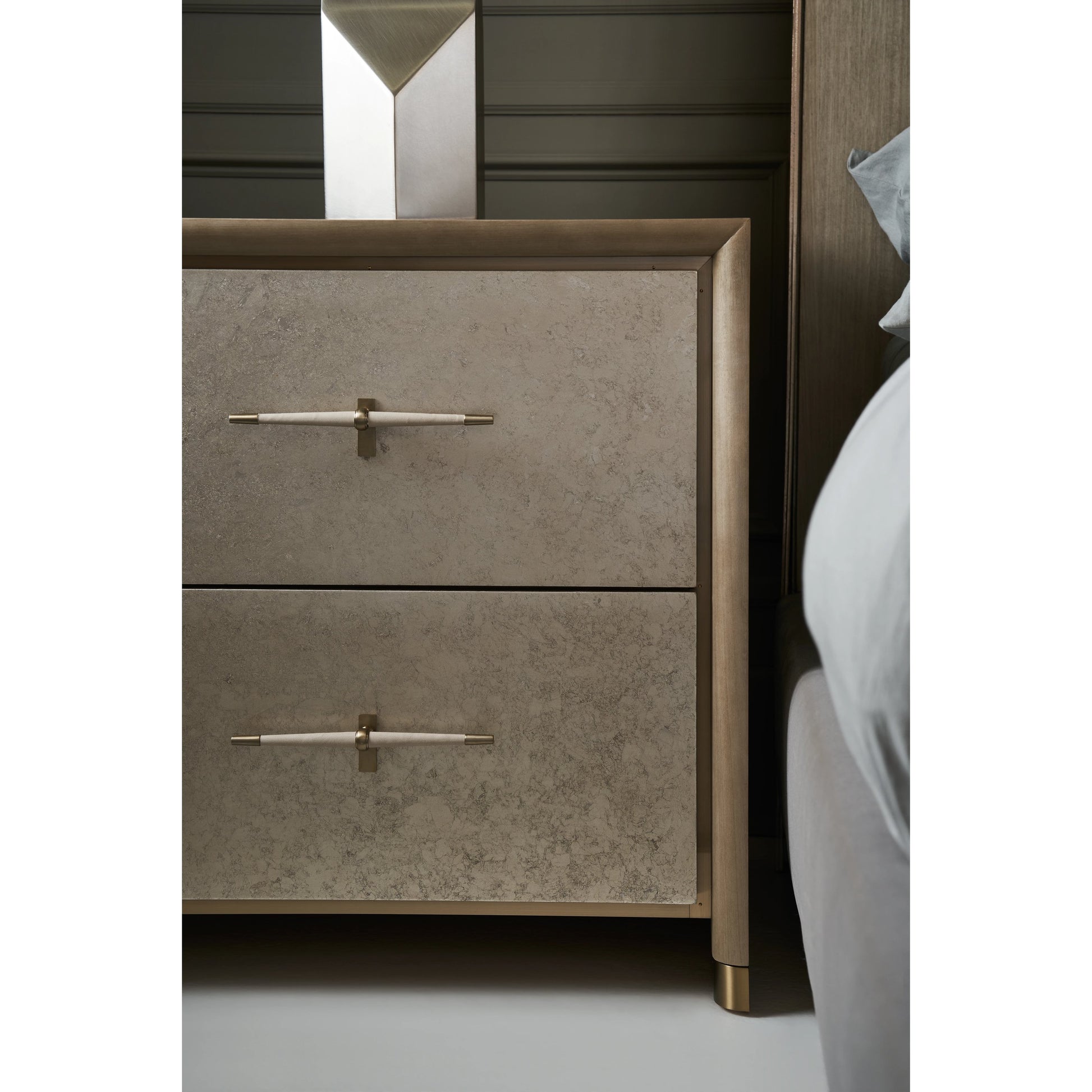 Hang Up Small Nightstand by Caracole in dry martini, winter frost, brushed gold. Made from asian hardwood, koto in a modern style.