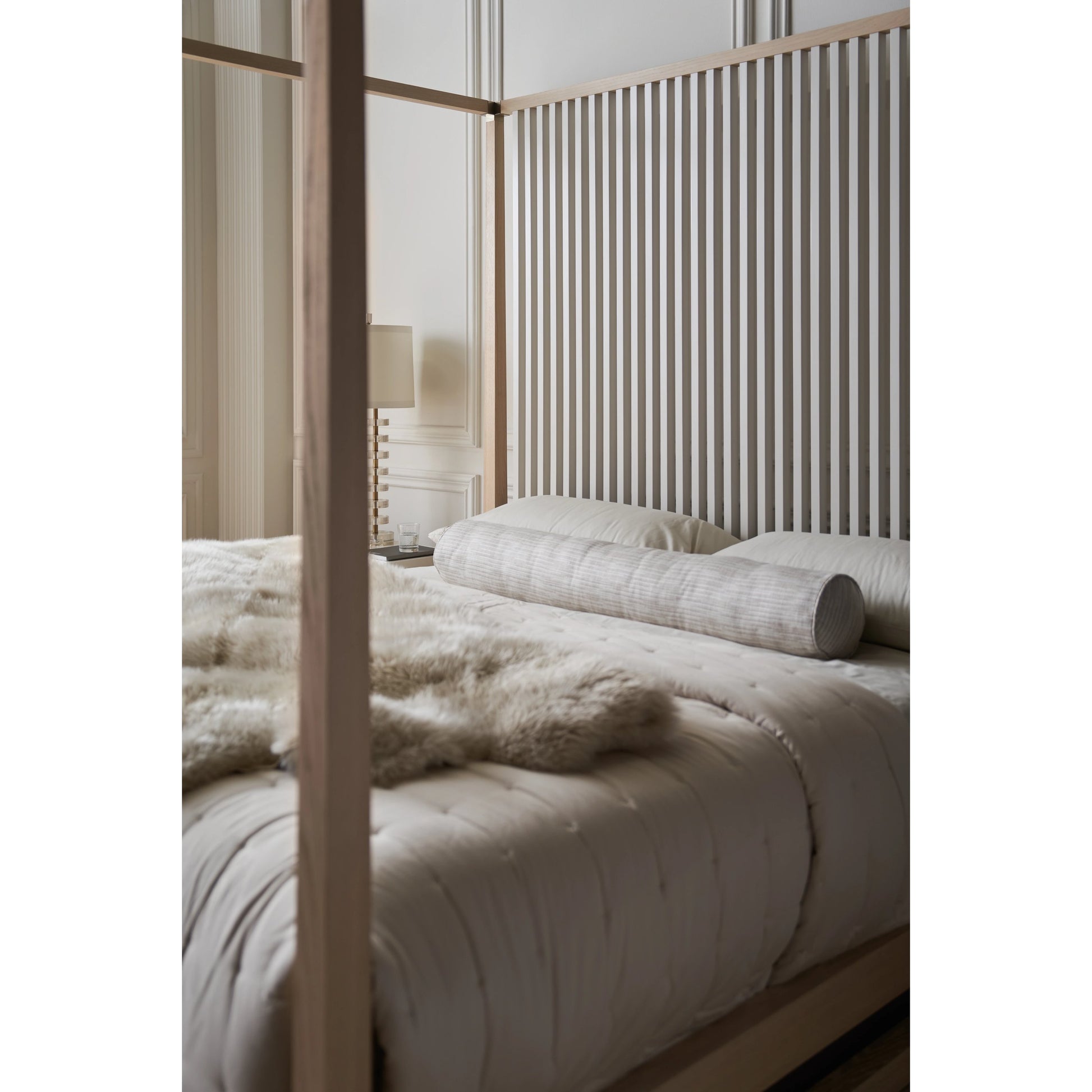 Pinstripe Light Bed by Caracole in sun drenched oak, almond milk. Made from oak, quartersawn oak in a modern style.