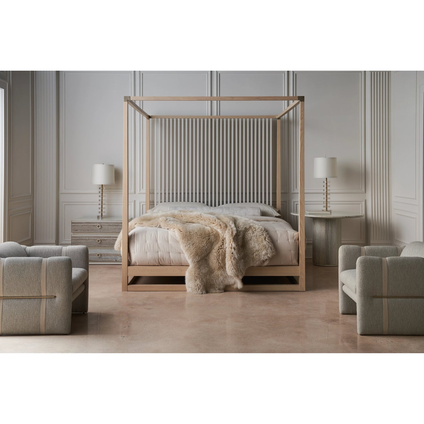 010 SI-2095925 | Lifestyle | Pinstripe Light Bed by Caracole in sun drenched oak, almond milk. Made from oak, quartersawn oak in a modern style.