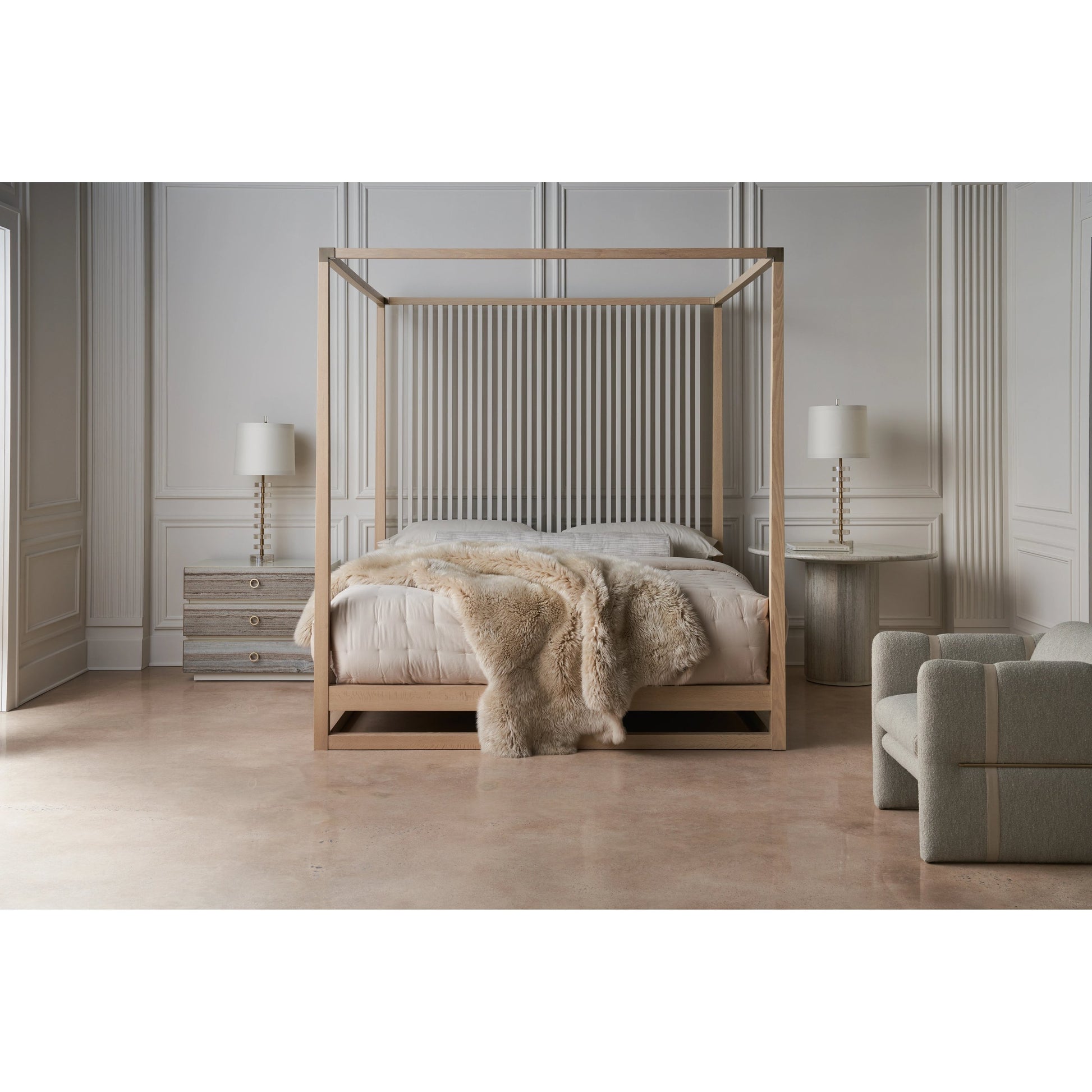 Pinstripe Light Bed by Caracole in sun drenched oak, almond milk. Made from oak, quartersawn oak in a modern style.