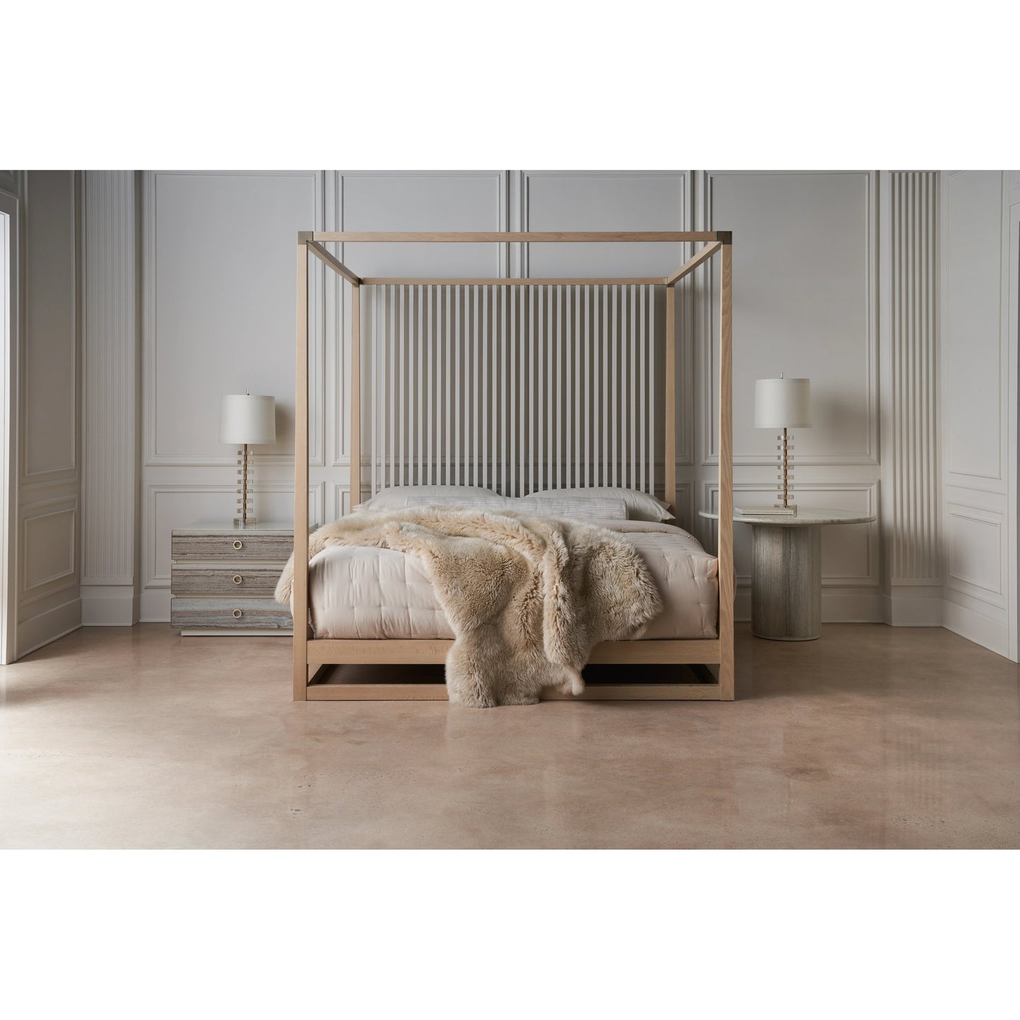 004 SI-2095925 | Lifestyle | Pinstripe Light Bed by Caracole in sun drenched oak, almond milk. Made from oak, quartersawn oak in a modern style.