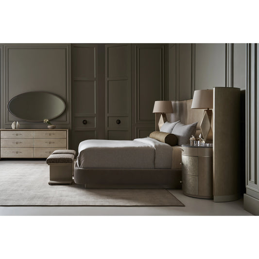 Dream Chaser Bed with Wings by Caracole in dry martini, cloud, brushed gold. Made from poplar, koto in a modern style.