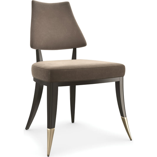 Caress Dining Chair by Caracole in smoky taupe and dark chocolate, brushed gold. Made from poplar in a modern style.