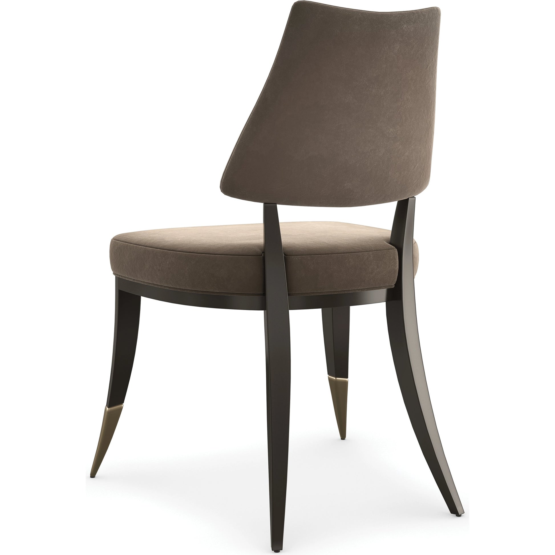 Caress Dining Chair by Caracole in smoky taupe and dark chocolate, brushed gold. Made from poplar in a modern style.