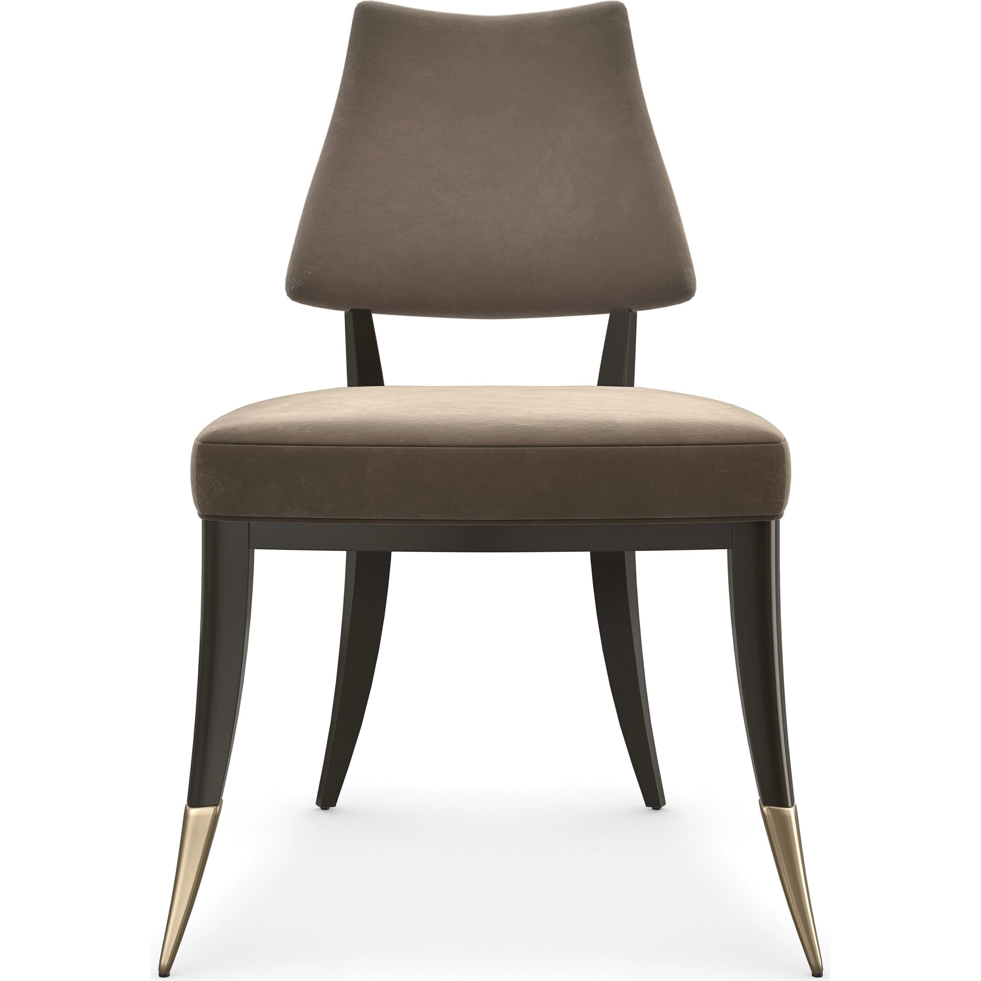 Caress Dining Chair by Caracole in smoky taupe and dark chocolate, brushed gold. Made from poplar in a modern style.