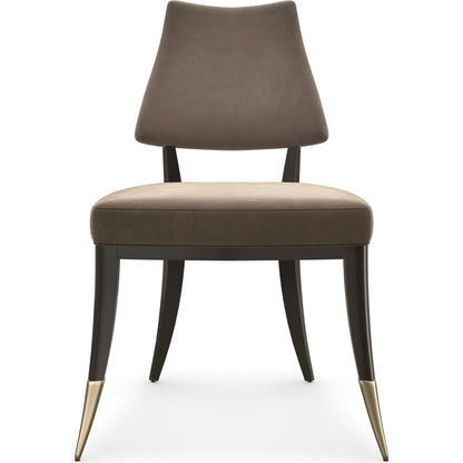 Caress Dining Chair by Caracole in smoky taupe and dark chocolate, brushed gold. Made from poplar in a modern style.