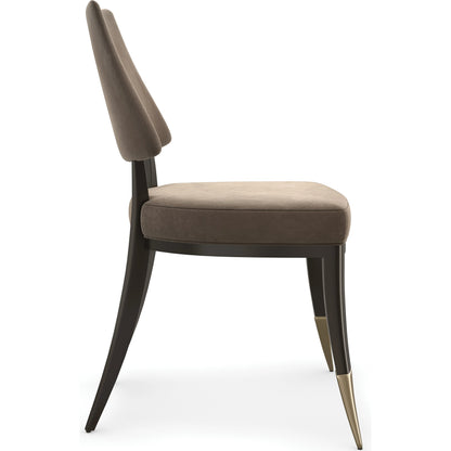 Caress Dining Chair by Caracole in smoky taupe and dark chocolate, brushed gold. Made from poplar in a modern style.