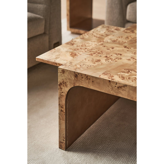 Burlesque Cocktail Table by Caracole in mappa burl, brazen bronze leaf. Made from asian hardwood, mappa burl in a modern style.