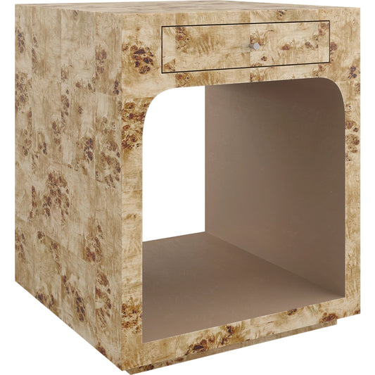 Burlesque End Table by Caracole in mappa burl, brazen bronze leaf. Made from asian hardwood, mappa burl in a modern style.