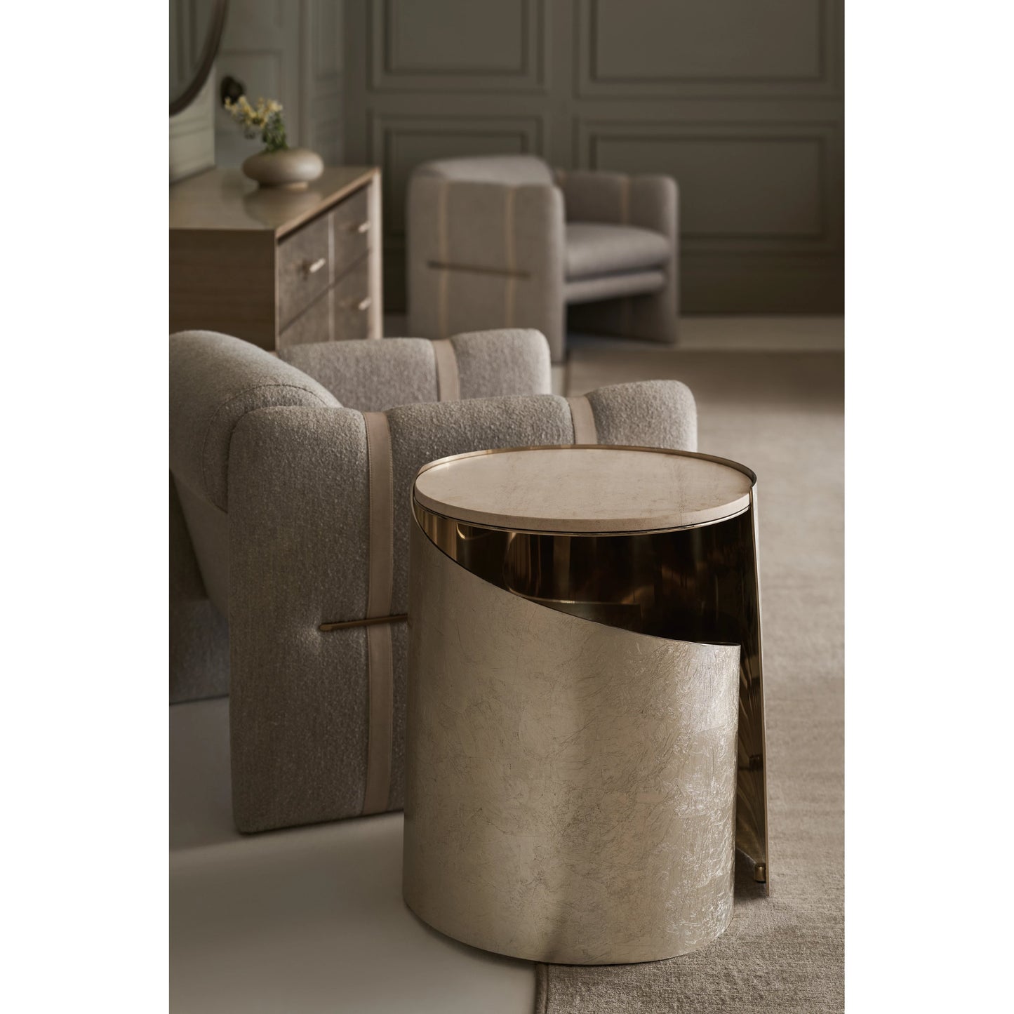 005 SI-2095937 | Lifestyle | Nautilus Spot Table by Caracole in taupe silver leaf, whisper of gold. Made from metal, stone in a modern style.